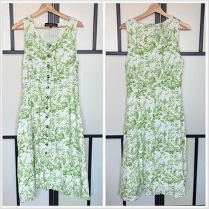 The J Peterman Company Button Front Shirt Dress 6 Green Toile Print Prairie Art